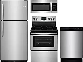 Frigidaire 4-Piece Stainless Steel Kitchen Package With FFTR2021TS 30" Top Freezer Refrigerator, FFEF3052TS 30" Freestanding Electric Range, FFMV1645TS 30" Over the Range Microwave, and FFBD2412SS 24"