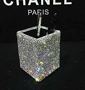 Bling Bling Spark Crystal Pen Holder Stand Cup Box Organizer for Desk Office and Home Desk Receive a case (Squared White Crystal)