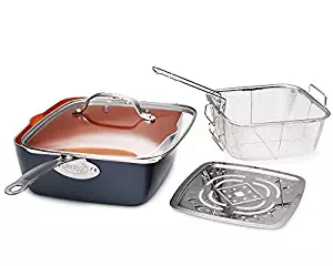 Gotham Steel Titanium Ceramic 9.5” Non-Stick Copper Deep Square Frying & Cooking Pan With Lid, Frying Basket, Steamer Tray, 4 Piece Set - Graphite