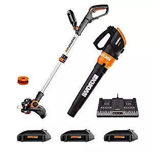 Worx WG921.1 Cordless 20V 12” Trimmer and TURBINE 20V Cordless Blower; 3 20V Batteries, and 2-hr Dual Charger included