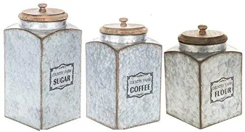 Metal Flour Sugar Coffee Vintage Galvanized Kitchen Canister Set of Three Food Bins and Canisters