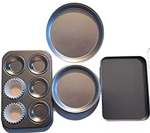 Easy Oven Bake Cake Pan 4 Pans and 25 Cup Cake Papers Set Includes Cupcake Pan Square Pan and 2 Round Pan by E&B