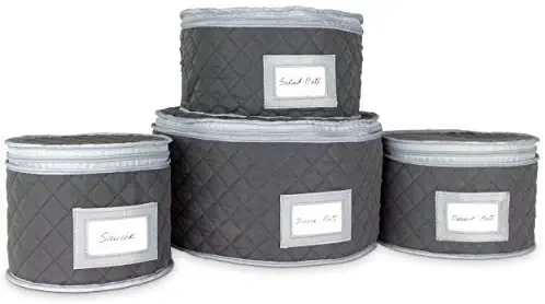 Fine China Storage - Set of 4 Quilted Cases for Dinnerware Storage. Sizes: 12" - 10" - 8.5" and 7" Long - Gray - Quilted Fabric Container with 48 Felt Plate Separators Included