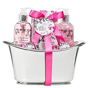 Bath, Body, and Spa Gift Set for Women, in Pink Orchid and Balsamic Strawberry Fragrance, includes Bath Bombs, Skincare Lotion, Bath Salts, Bubble Bath, and Shower Gel, with Shea Butter and Vitamin E