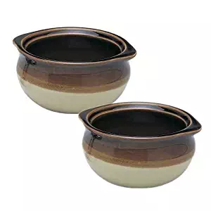 SET OF 2-10 Oz. (Ounce) French Onion Soup Bowl, Crock Bowl, Single-Serving, Ceramic, Two-Tone Color, Flat Rim, Two-eared Rim Handle