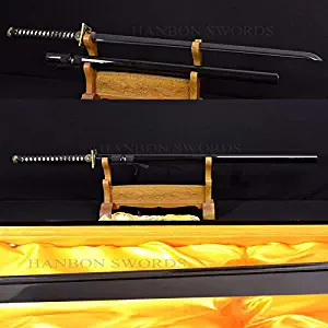 GUREN Japanese Samurai Full Black Sword Dragon Ninja Full Tang Very Sharp Straight Blade Oil QUENCHED KNIFVES Custom 1060 Carbon Steel