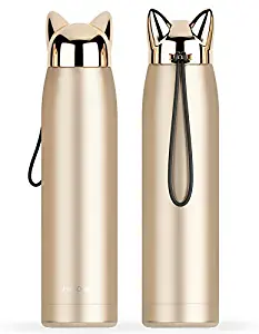 Cute Cat Ears Water Bottle, Hot Cold Coffee Thermos, Cute Stylish Tumbler Flask, Vacuum Thermos Stainless Travel Mug for Kids or Girls (Stylish Gold) - Pure Product Source