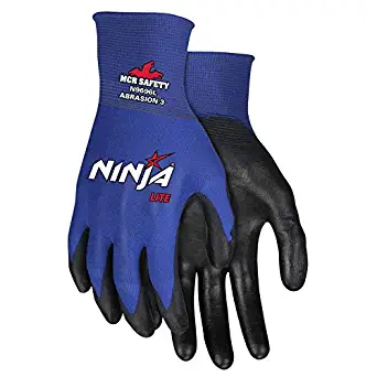 Memphis Small Ninja® Lite 18 Gauge Black Polyurethane Palm And Fingertip Coated Work Gloves With Feather Light Blue Nylon Liner And Knit Wrist