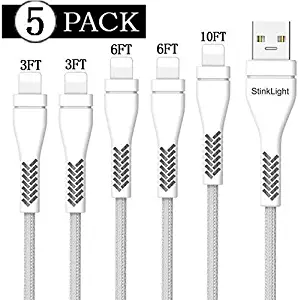 StinkLight Mfi Certified iPhone Charger Lightning Cable 5Pack [3/3/6/6/10Ft] Nylon Braided USB Charging & Syncing Cord Compatible phone11/11Pro/XS/Max/XR/X/8/8Plus/7/7Plus/6S/Plus/SE/Ipad Mini(White)