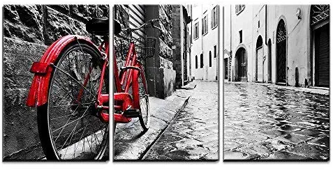 wall26 3 Piece Canvas Wall Art - Retro Vintage Red Bike on Cobblestone Street in The Old Town - Modern Home Decor Stretched and Framed Ready to Hang - 24"x36"x3 Panels