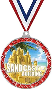 Sandcastle Building Competition Red Trellis Medal Silver, 2.5" Sandcastle Prizes, Kids Sandcastle Building Trophy Medal Awards Prime