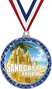 Sandcastle Building Competition Blue Trellis Medal Silver, 2.5" Sandcastle Prizes, Kids Sandcastle Building Trophy Medal Awards Prime