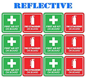 (x6 of Each) 3M Reflective Red Fire Extinguisher and Green First Aid Kit On Board Industrial Safety Training Decals (2 inch x 2 inch)