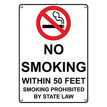 Weatherproof Plastic Vertical No Smoking Within 50 Feet Sign with English Text and Symbol