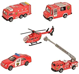 BOHS Fire Emergency Race and Rescue Vehicles - Mini Die-cast Metal Miniature Model - Aerial Ladder Firetruck, Rescue Helicopter, Water Tank Fire Engine,Patrol Car,Commander Center ( Pack of 5)