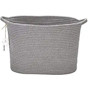 Sea Team 14" x 9" x 11" Oval Natural Cotton Thread Woven Rope Storage Basket Bin Hamper with Handles for Nursery Kid's Room Storage (Grey)