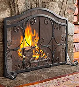 Plow & Hearth Small Crest Flat Guard Fireplace Screen, Solid Wrought Iron Frame with Metal Mesh, Decorative Scroll Design, Free Standing Spark Guard 38 W x 31 H x 13 D, Black Finish