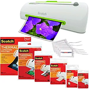 Scotch Pro Thermal Laminator, 2 Roller System, 16.06 x 4.25 x 4.96 Inches Combo Pack with 110 Assorted Pouch Sizes & Scotch Brand Luggage Tags