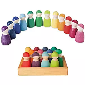 Grimm's Set of 12 Rainbow Friends Peg Dolls - Wooden Pretend Play People Figures with Storage Tray