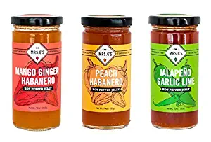 Mrs. G's Hot Pepper Jelly 3-Pack: Mango Ginger Habanero, Peach Habanero and Jalapeno Garlic Lime Jellies - Locally sourced and packaged in Southern California