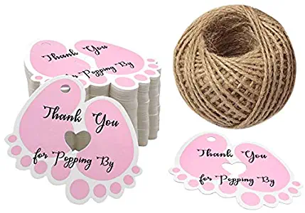 Original Design Thank You for Popping by,100 PCS Cute Baby Feet Thank You Tags with 100 Feet Natural Jute Twine Perfect for Baby Shower Favor (Pink)