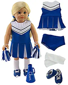 Blue Cheerleader Outfit Cheerleading Uniform with Dress, Bloomers, Poms, Megaphone, Socks, and Shoes fits 18 Inch Doll