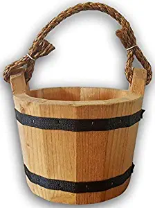 Wooden Bucket 8" x 10" Water Wishing Well Pail with Rope Twine Handle Solid Wood Vintage Style Primitive Planter Handmade in The USA