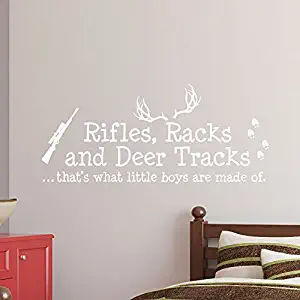 Rifles Racks and Deer Tracks That's What Little Boys are Made of Wall Decal Sign Little Boys Sticker Kids Room Decor Hunter Room Decal #1279 (28" Wide x 12" high) (Matte White)