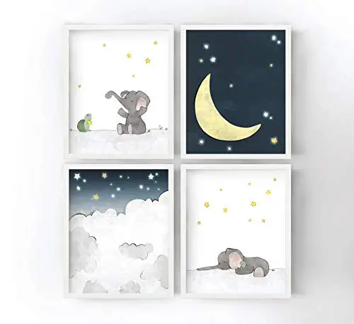 Elephant, Moon, and Stars Nursery Prints - Set of 4 Clouds, Starry Sky, Turtle and Elephant Kids Room Decor, Animal Nursery Art Prints