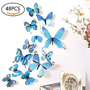 48 PCS Removable 3D Butterfly Wall Stickers Decals DIY Wall Art Decor Home Wall Decoration Sticker Mural for Kids Girls Children Bedroom Living Room Background Nursery (Blue)