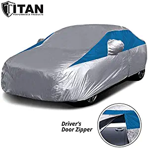 Titan Lightweight Car Cover. Compact Sedan. Fits Toyota Corolla, Nissan Sentra, and More. Waterproof Car Cover Measures 185 Inches, Includes Cable and Lock, and a Driver-Side Door Zipper (Bondi Blue)