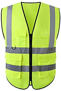 High Visibility Zipper Front Reflective Safety Vest,Bright Neon Color Construction Protector with Reflective Strips with Five Pockets (2XL/XL)