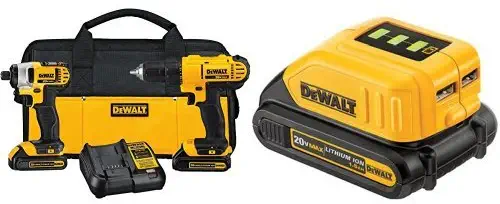 DEWALT DCK240C2 20v Lithium Drill Driver/Impact Combo Kit (1.3Ah) and USB Power Source