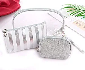 HappyDaily 3 Pack Beautiful and Multifunctional Waterproof Makeup Cases or Cosmatic Bags or Travel Toiletry Pouch or Storage Bags or Purse for Women Girls (3, Silver Stripe)