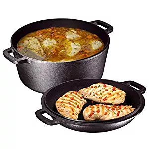 Heavy Duty Pre-Seasoned 2 In 1 Cast Iron Double Dutch Oven and Domed Skillet Lid By Bruntmor, Versatile Healthy Design, Non-Stick, 5-Quart (Pre-Seasoned)