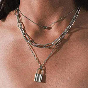 Awanka Punk Layered Necklace Long Lock Pendant Necklace Chain Heart Necklaces Jewelry for Women and Girls (Silver)