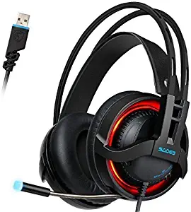 SADES R2 Virtual 7.1 Channel Surround Sound Headphones with Retractable Mic USB PC Gaming Headset Stereo Professional headsets Noise-Canceling Volume Control LED Light(Black)