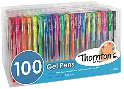 Thornton's Art Supply Premium Assorted Colors Gel Ink Pens Value Pack Set of 100 Acid Free Stationary Colored Pen for Journaling Writing Artwork