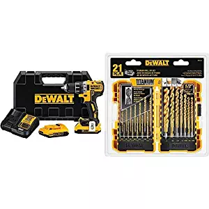 DEWALT DCD791D2 20V MAX XR Li-Ion 0.5" 2.0Ah Brushless Compact Drill/Driver Kit with DEWALT DW1361 Titanium Pilot Point Drill Bit Set, 21-Piece