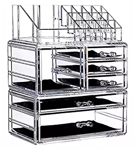 Cq acrylic 6 Drawers and 16 Grid Makeup Organizer with Cosmetic Storage Cases, The Top of The Almighty as a Display Make-up Brush and Lipstick Holder,Clear 2 Piece Set