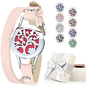 Essential Oil Diffuser Bracelet, Aromatherapy Bracelet Jewelry Stainless Steel Locket Leather Band with 8pcs Washable Refill Pads Birthday Gifts for Women,Girlfriend, Mother,Sister,Aunt