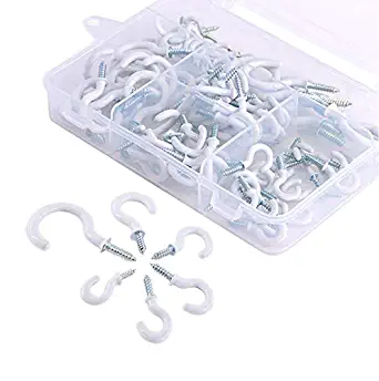 70 Pack Small White Cup Hooks Outdoor String Light Patio Hooks Wood Screw in Coffee Mug Hooks for Hanging Ceiling Coated Wall Hook for Home, Office, Indoor, Outdoor Use, 6 Sizes