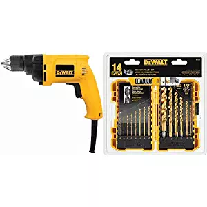 DEWALT DW222 3/8-Inch 0-1200 rpm VSR Drill w/Keyless Chuck 6.7 amp with DEWALT DW1354 14-Piece Titanium Drill Bit Set