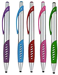 2 in 1 Capacitive Stylus & Ballpoint Pen Comfort Grip for Any Touchscreen Device, iPad, iPhone 6,6 Plus, iPod, Android, Galaxy, Dell, Note, Samsung (Silver-5 Pack)