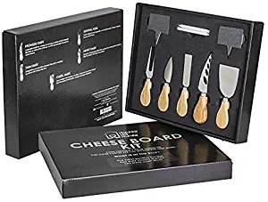 Cheese Knife And Marker Set, 5 Cutlery Knives Stainless Steel Bamboo Handles, 4 Cheese Board Labels Made Of Natural Black Slate Includes 2-Chalk Markers.Gift For All Occasions Upgrade By House Ur Home