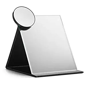 OMIRO Travel Folding Makeup Mirror Portable PU Leather Mirror with Adjustable Standing (XL, Black)
