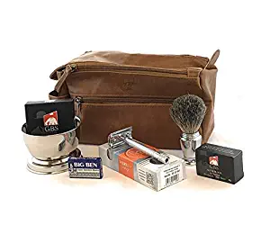 Deluxe Travel Dopp Kit - #23001 Double Edge Safety Razor, Chrome Shaving Brush, Bowl, Soap comes with GBS Alum Block + Leather Toiletry Bag