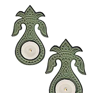 storeindya Decorations Home Decor Set of 2 Green Metal Tealight Candle Votive Holder Kalash Diya Design Housewarming Gifts Ideas