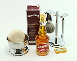 GBS Shaving Gift Set-Long Handle Safety Razor Made in Solingen Germany MK23 Conk Amber Aftershave Cologne Badger Shaving Brush Chrome Shave Bowl Stainless Brush/Razor Stand Natural Shave Soap 5 Blades