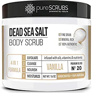 Premium Organic Body Scrub Set - Large 16oz VANILLA BODY SCRUB - Pure Dead Sea Salt Infused with Organic Essential Oils & Nutrients + FREE Wooden Spoon, Loofah & Mini Organic Exfoliating Bar Soap